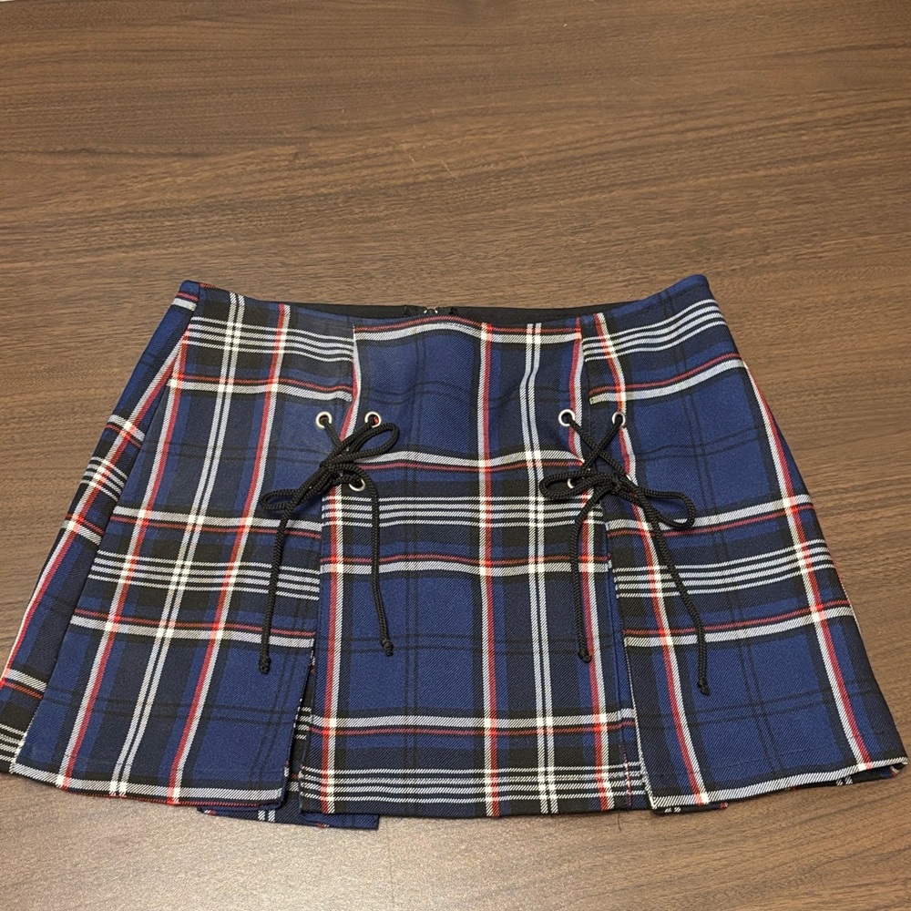 Lip Service Navy Plaid Skater Skirt with Lace-Up